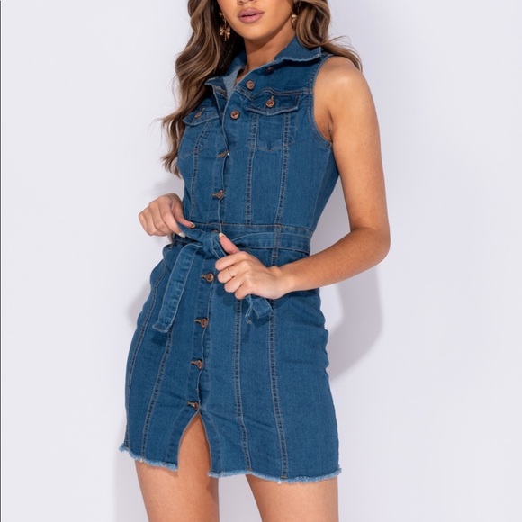 Party Peach Dresses & Skirts - Denim Collar Button Up Tie Waist Shirt Mini Dress